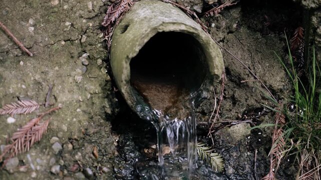 Water is flowing from the sewer pipe outside in the gutter. Close-up shooting