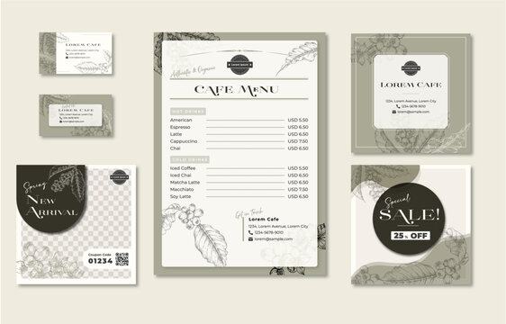 Branding template design bundle, social post, business cards, menu price with hand-drawn illustration of coffee plants