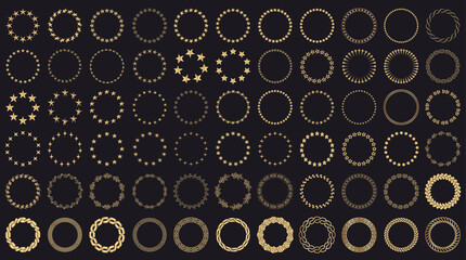 Circle wreaths with gold stars, glitter laurel borders and braided ropes on black background. Vector set of stardust wreaths for luxury award seals, premium certificate frames or ornamental emblems © WinWin