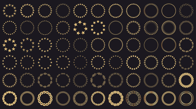 Circle wreaths with gold stars, glitter laurel borders and braided ropes on black background. Vector set of stardust wreaths for luxury award seals, premium certificate frames or ornamental emblems