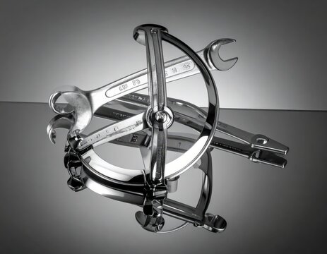Chrome-plated adjustable wrench and ring spanner tools arranged in a circular, abstract composition on a reflective surface.