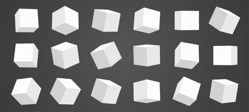 Cubes 3d shape with boxes geometric set for cube box rotation. Angles vector perspective with shadow simple white for modern math logic. Education geometry cubes with asset boxes grey background.
