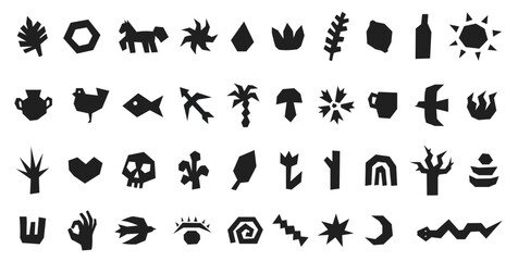 Fototapeta premium Abstract linocut geometric symbols set, primitive folk icons, black cutout shapes. Logo, branding, packaging, poster, textile, tattoo, app design. Vector illustration.