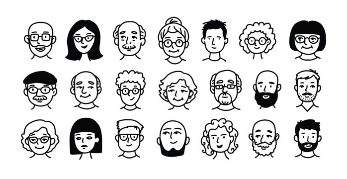 Avatar face people and profile heads head with portrait character adults. Seniors faces men and users women beard with glasses avatars doodle. User avatar diverse and community profile outline.