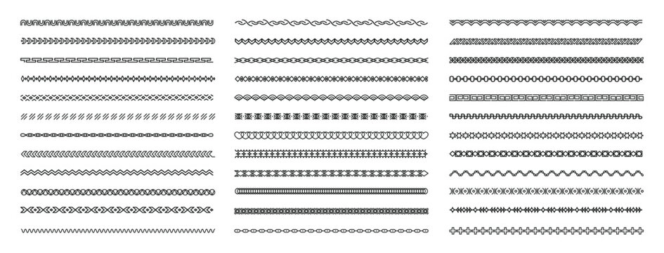 Decorative border set, seamless geometric divider lines, black ornamental trims. Invitation, packaging, textile, scrapbook, stationery, web decor. Vector illustration.