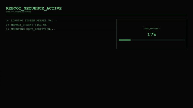 Futuristic Reboot Sequence Active HUD with Green Digital Core Engine Recovery Interface and System Kernel Load Maintenance Progress Monitoring Analytics Screen.