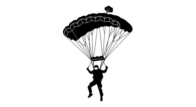 Silhouette of a skydiver descending with a parachute.