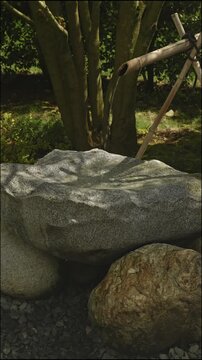 Quiet stone basin with bamboo spout. Dappled sunlight creates shadow patterns on mossy rock while gentle water drips into carved