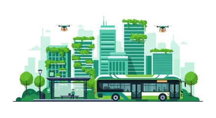 Sustainable green city with electric bus and eco friendly delivery drones © Marchell