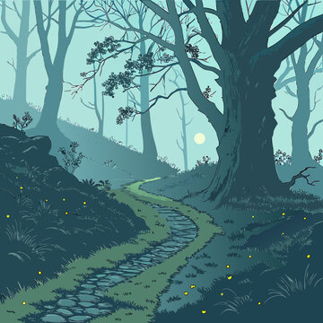 Mysterious and ethereal forest path at dusk illuminated by a full moon and glowing fireflies silhouetted trees and soft mist moonlight fireflies mysterious enchanted silhouettes serenity