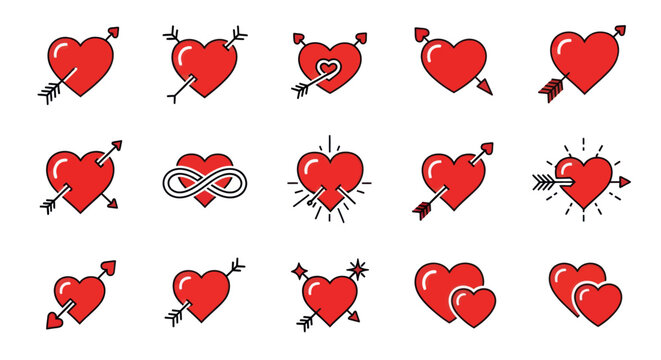 Collection of red heart icons with arrows and symbols for Valentine's Day