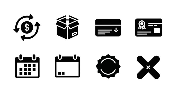 E-commerce business icon set including money exchange, package, credit card and calendar, white background