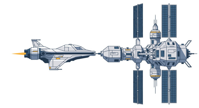 Futuristic spaceship docking with space station against white background