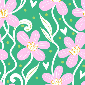 Vector seamless pattern with abstract flowers on a green background