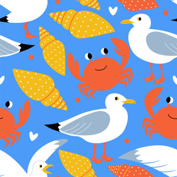 Vector seamless pattern with funny crabs and seagulls on the sea