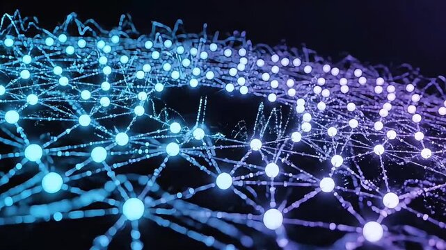 Glowing network connections form a vibrant wave of light on a dark background with nodes and lines.