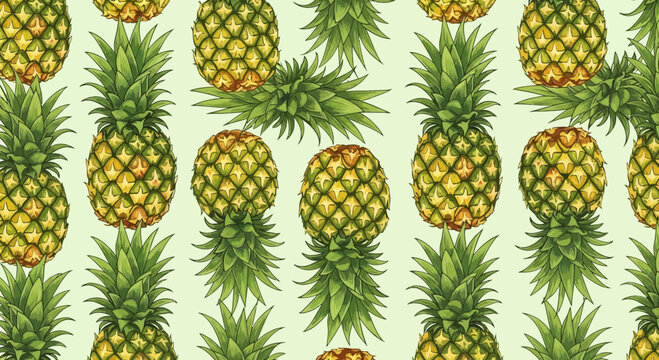 Seamless Pineapple Pattern: Tropical Fruit Illustration on Light Green Background