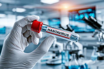 Naklejka premium Scientist holding hantavirus blood sample test tube in modern laboratory. Infectious disease research and medical diagnostics concept