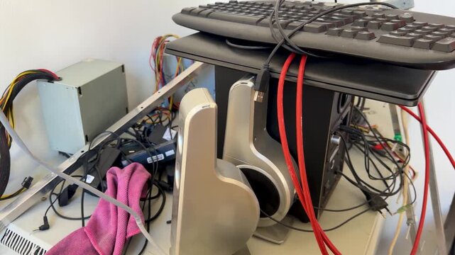 Cluttered computer desk with tangled cables, keyboard on stand, headphones, and exposed hardware parts, showing disorganized workspace with visible wiring and devices.
