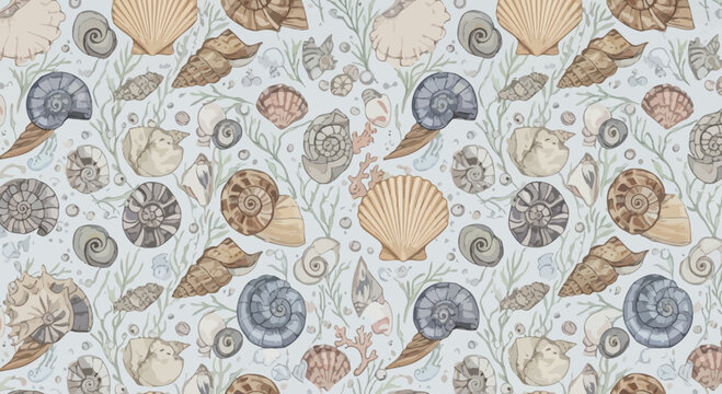 Vintage Fossil Shells and Seaweed Pattern on Light Blue Background