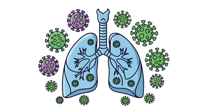 Lungs and respiratory system surrounded by virus particles