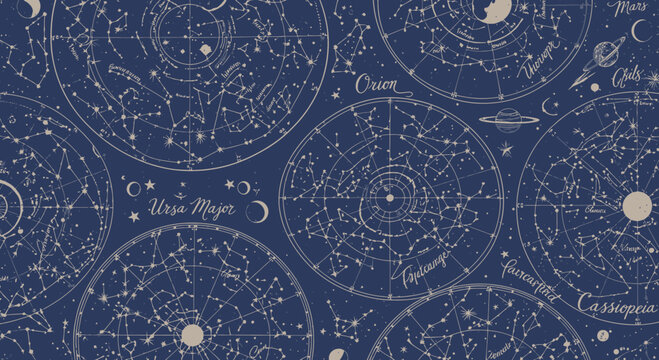Vintage Celestial Map Seamless Pattern: Constellations, Stars, Planets on Dark Blue Background