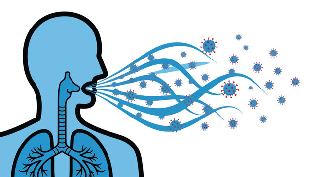 Human respiratory system with virus particles and breath expulsion