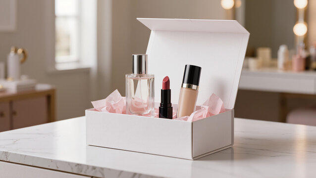 Open white gift box on marble.
​Pink tissue paper cushioning luxury products.
​Clear perfume bottle with silver cap.
​Foundation pump standing inside the box.
​Crimson lipstick tube