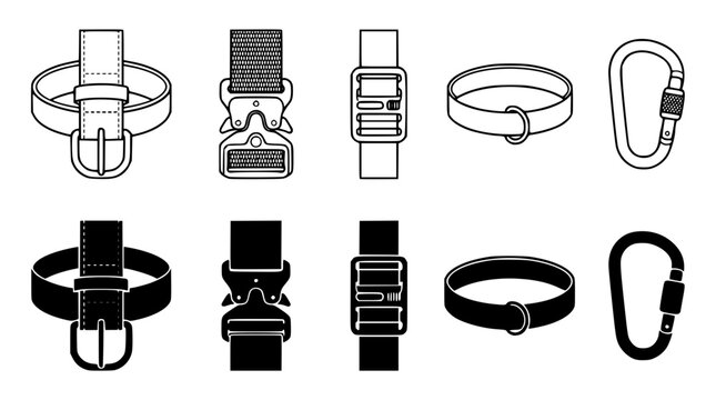 Various belt buckles and straps in different designs shown