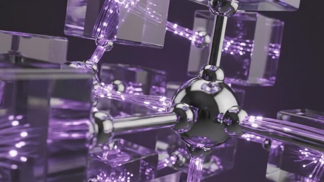 Abstract Digital Network Connecting Transparent Cubes With Glowing Data Flow