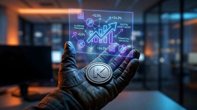 Close-up of Faceless Hand Holding Koin with Floating Cryptocurrency Portfolio Hologram