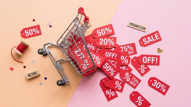 Shopping cart overflowing with sale tags and discount percentages on colorful background.