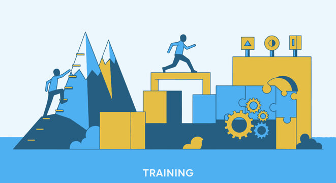 People climbing mountain steps and running over obstacles concept of training