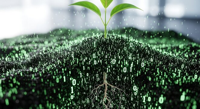 Young Green Plant Seedling Growing From Digital Data Field