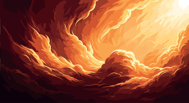 Abstract vector illustration of dramatic swirling fire flames with intense orange, yellow, and red colors, glowing heat waves, and organic liquid shapes on a dark background.