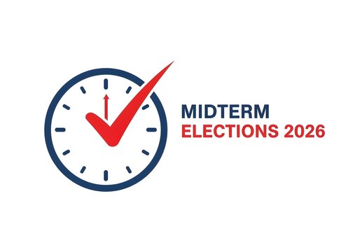 Graphic design showing a clock with a checkmark for the midterm elections in two thousand twenty-six.