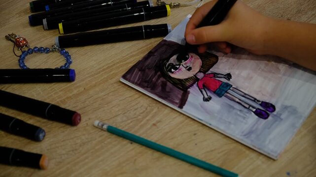 Teenager girl drawing sketch picture, crying girl. Hand drawing Anime person, emo. Youth culture. The mood is introspective and melancholic, vulnerability within youth culture and emo subculture. 