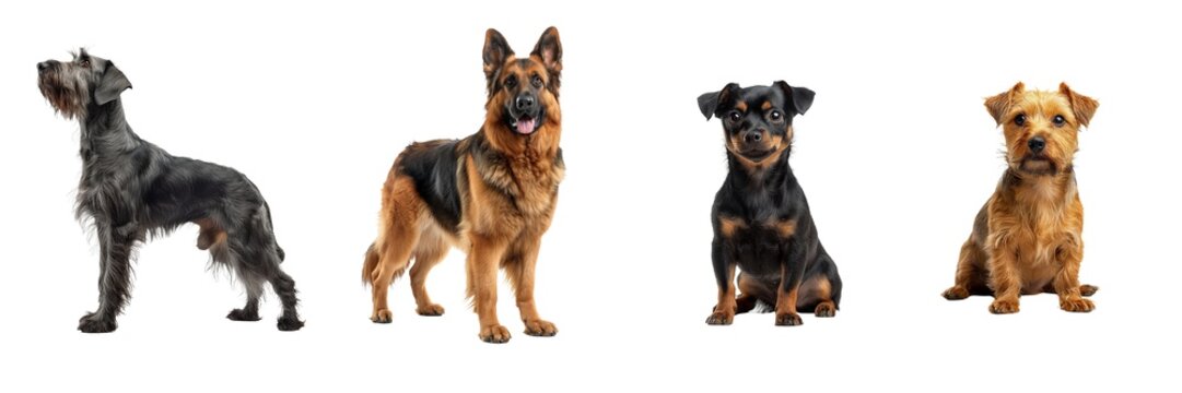 Set of four dogs: Schnauzer, German Shepherd, Pinscher, and Terrie