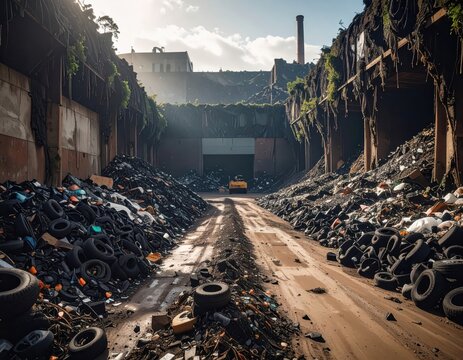 Vast landfill of tires and debris with a distant bulldozer and industrial chimney