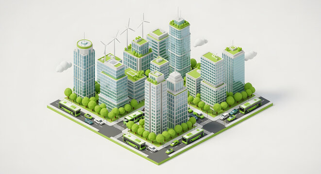 Isometric 3d render of a sustainable ecofriendly city with green buildings, wind turbines, and electric public transport isolated on white background