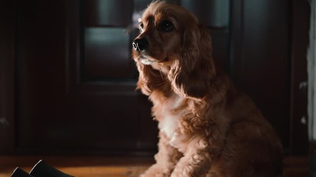 A golden-colored dog sits still in a dimly lit room, observing shadows on the floor. The animal appears curious, exploring its surroundings with careful movements and expressions
