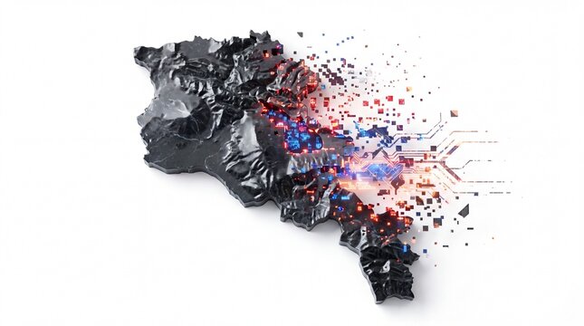 Armenia dark physical map with glowing circuit board pattern and digital data particles flowing out.