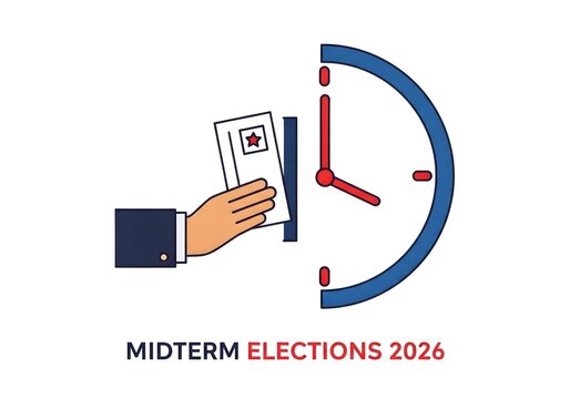 Person inserting ballot into voting machine with clock showing time running out for midterm elections.