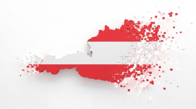 Austria map with flag colors dissolving into geometric blocks representing digital national identity.