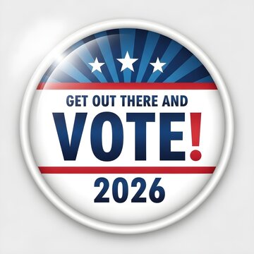 Bright campaign button encourages people to vote in the upcoming 2026 election with patriotic design.