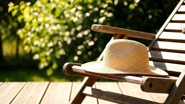 A straw hat rests on a wooden deck chair in a sunny garden during summer