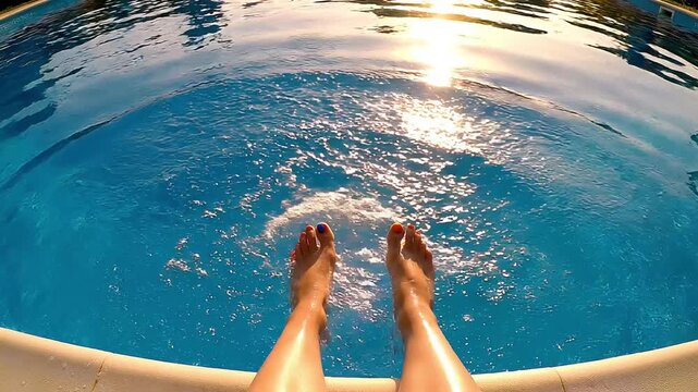 Woman splashing feet in a swimming pool during a sunny summer vacation