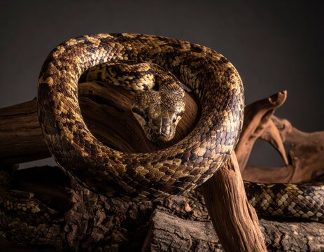 Detailed close-up of a coiled patterned python snake on weathered wood against dark background