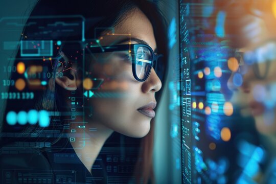 Woman in glasses works on cybersecurity research with technical documents and digital visualizations