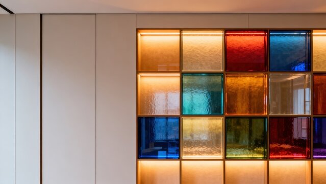 Colorful glass blocks in a modern wall